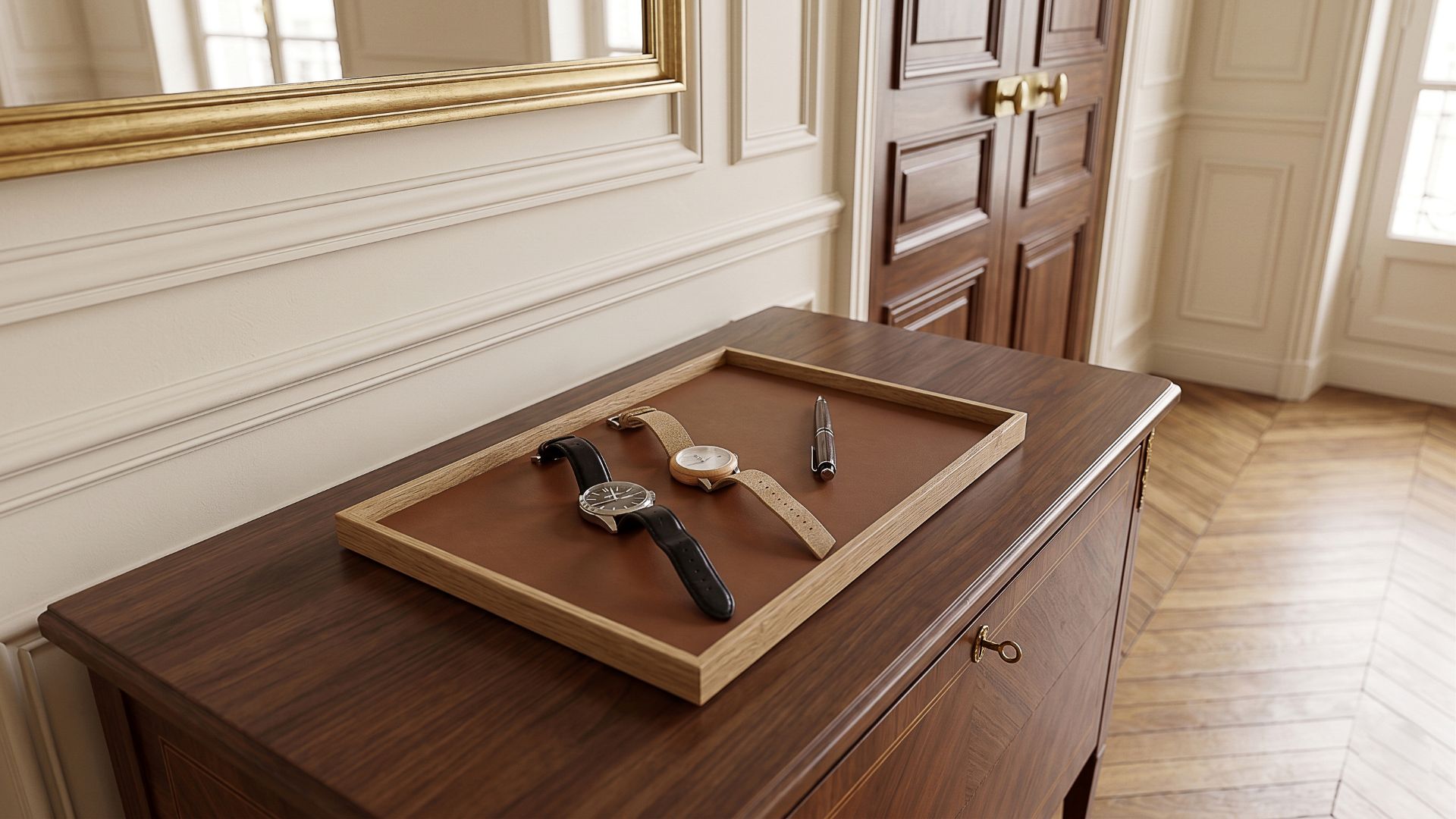 Plateau à bijoux en chêne gainé de cuir